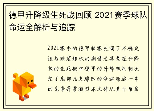 德甲升降级生死战回顾 2021赛季球队命运全解析与追踪