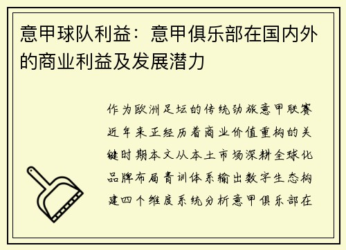 意甲球队利益：意甲俱乐部在国内外的商业利益及发展潜力