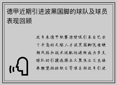 德甲近期引进波黑国脚的球队及球员表现回顾